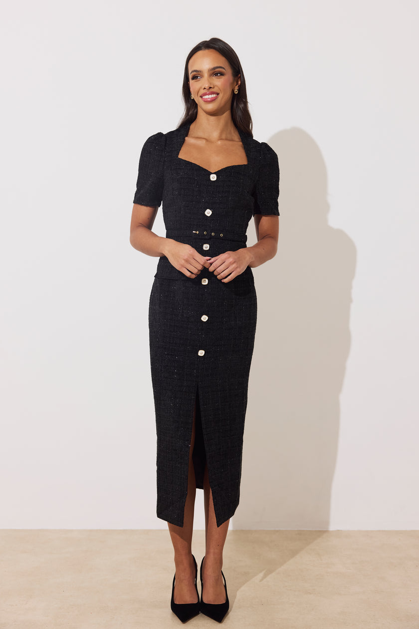 HARRIET TWEED BELTED MIDI DRESS - BLACK SPARKLE