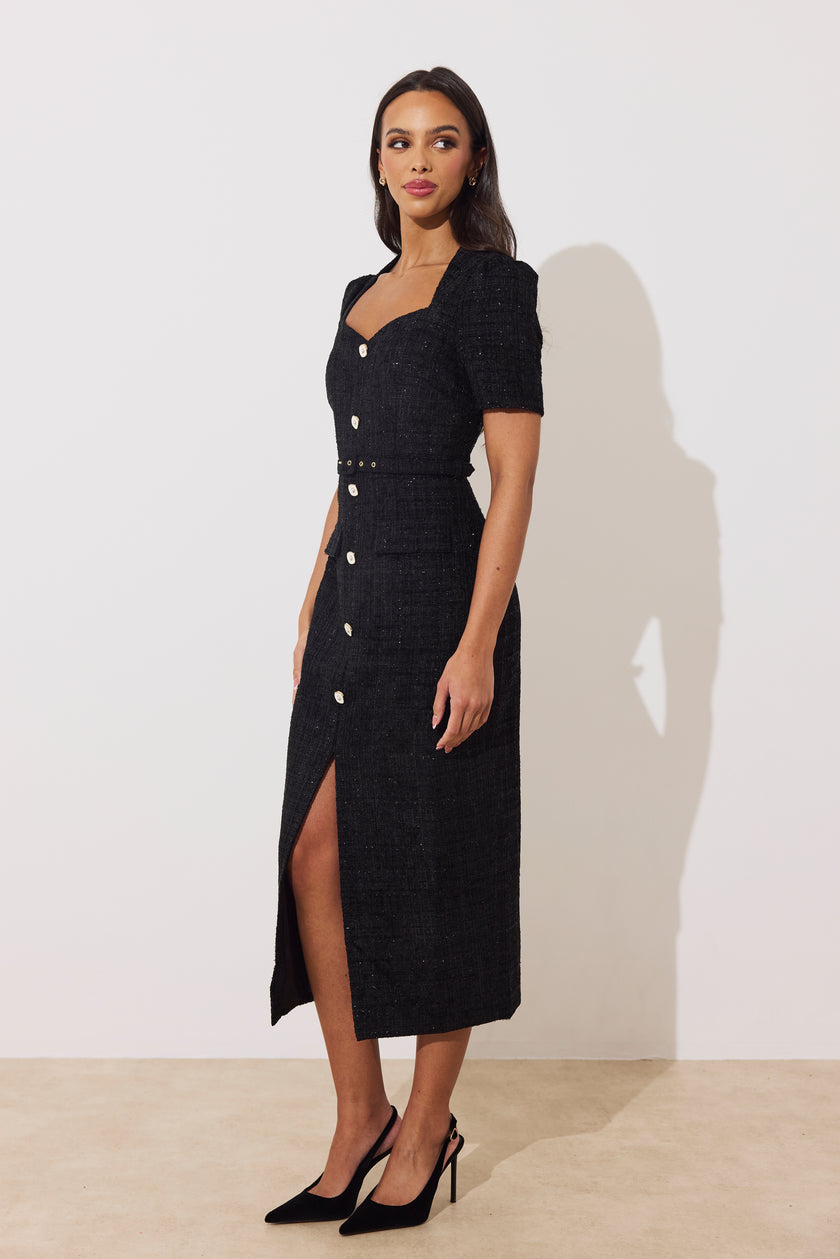 HARRIET TWEED BELTED MIDI DRESS - BLACK SPARKLE