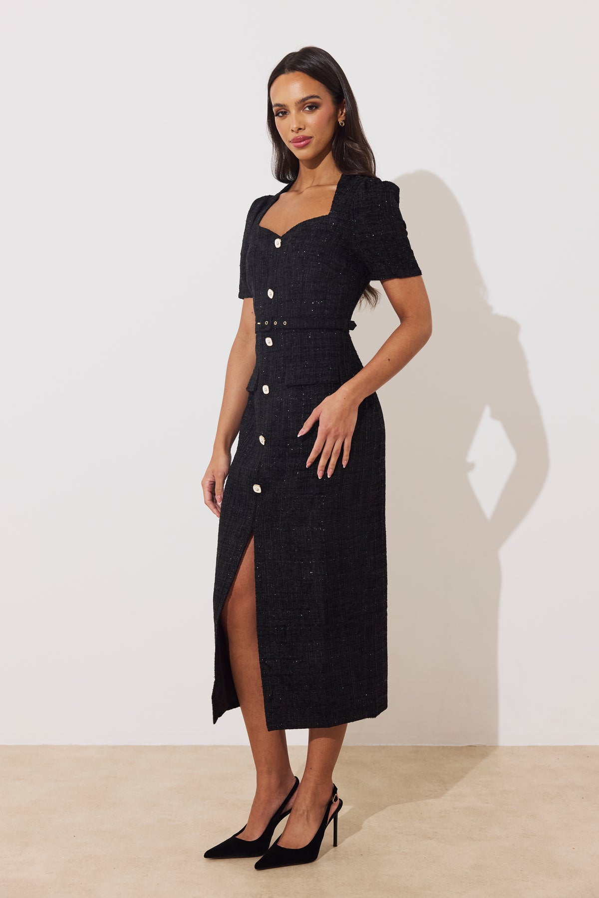 HARRIET TWEED BELTED MIDI DRESS - BLACK SPARKLE