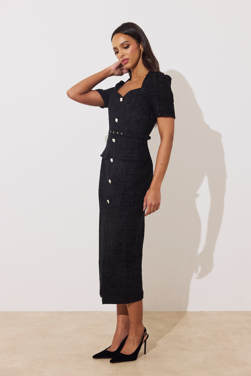 HARRIET TWEED BELTED MIDI DRESS - BLACK SPARKLE