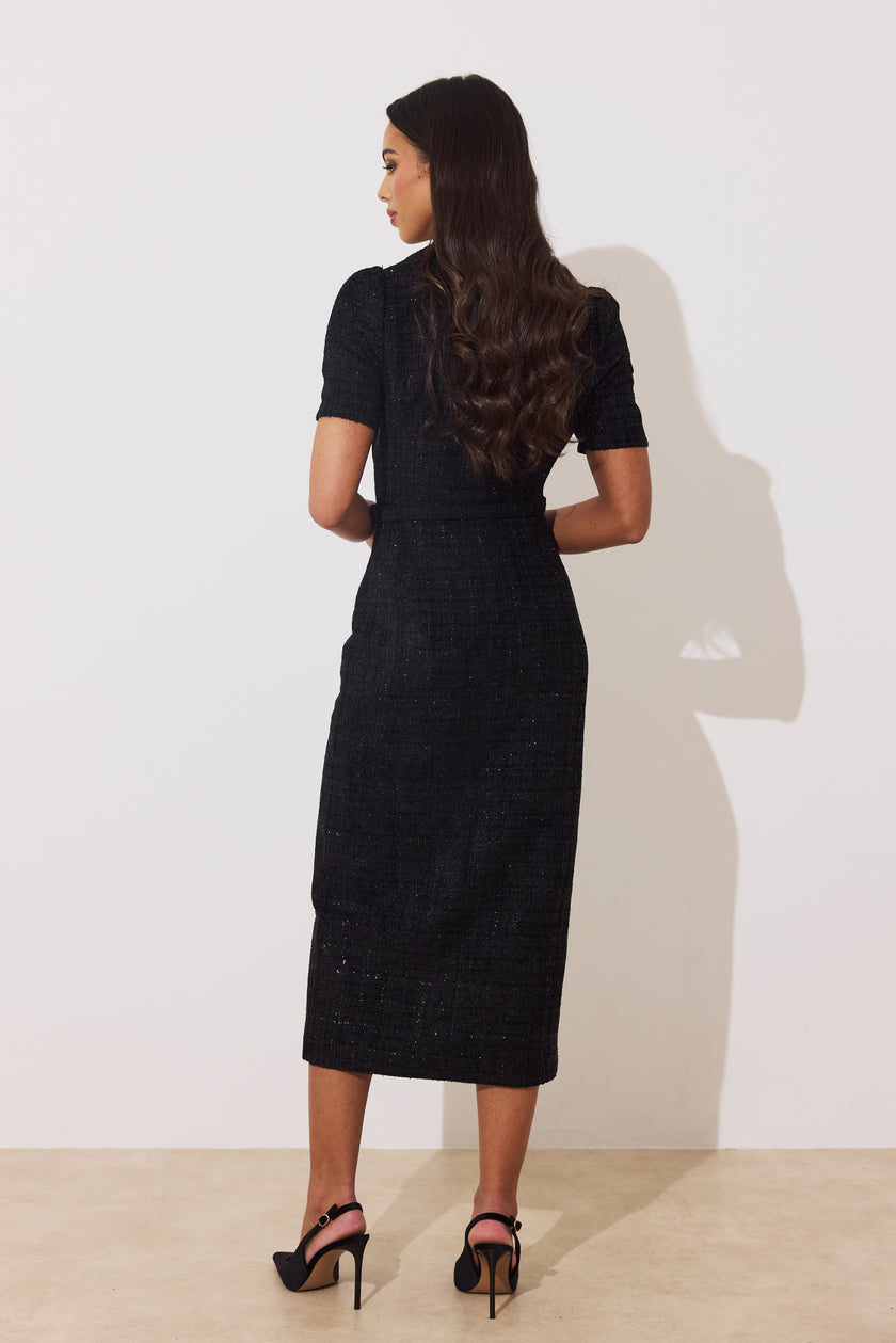 HARRIET TWEED BELTED MIDI DRESS - BLACK SPARKLE