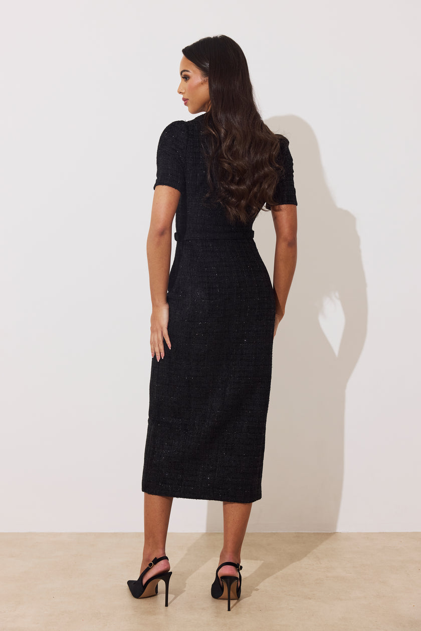 HARRIET TWEED BELTED MIDI DRESS - BLACK SPARKLE