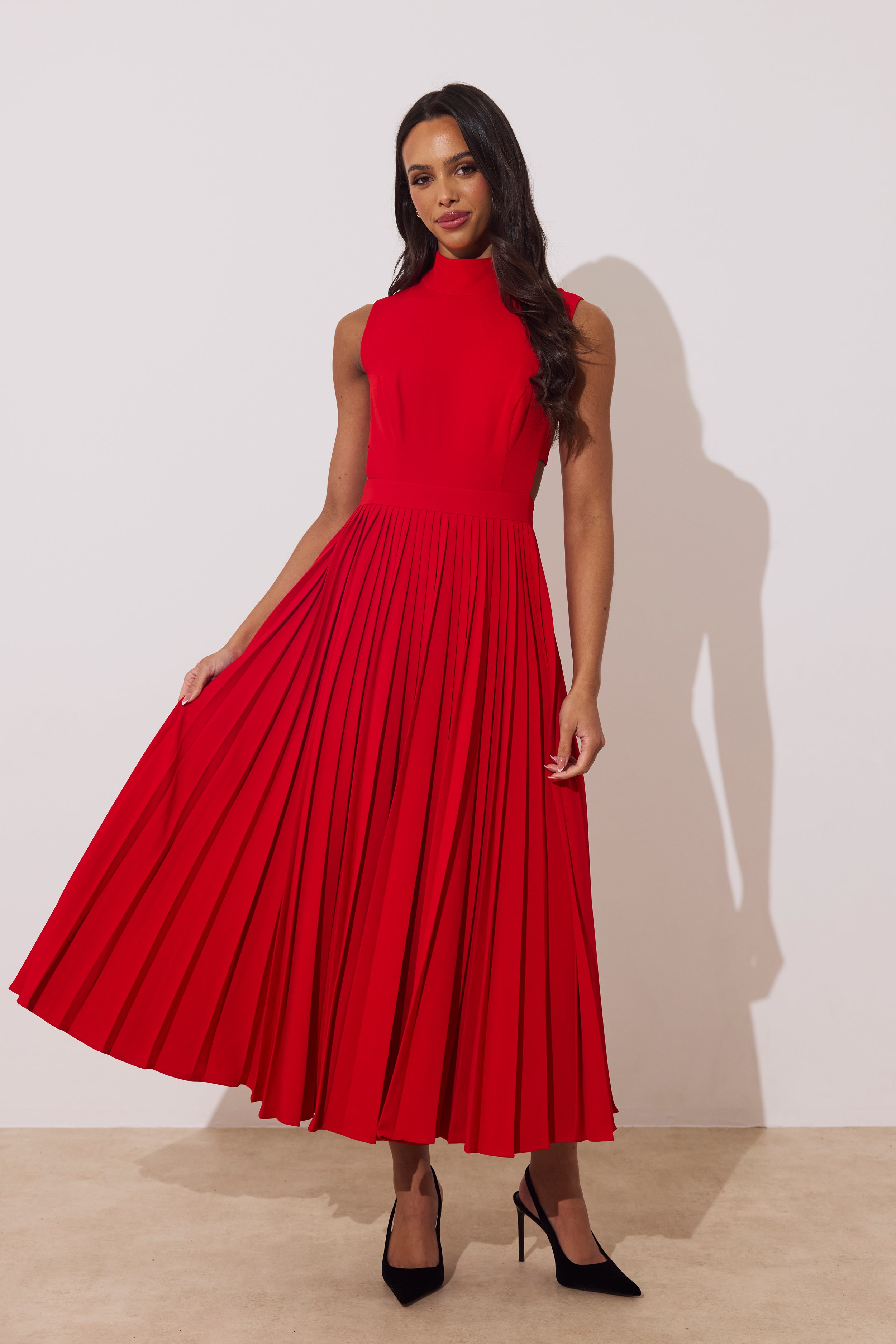 PRISM PLEAT FULL SKIRT MIDI DRESS - RED