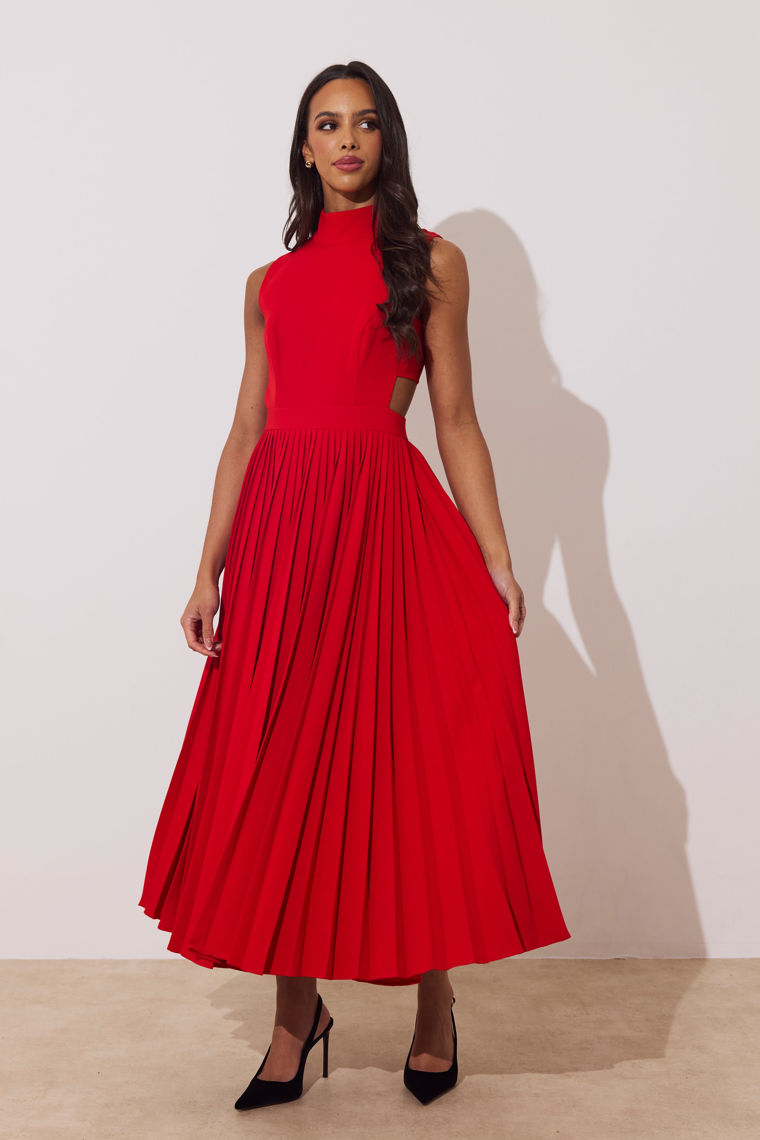 PRISM PLEAT FULL SKIRT MIDI DRESS - RED