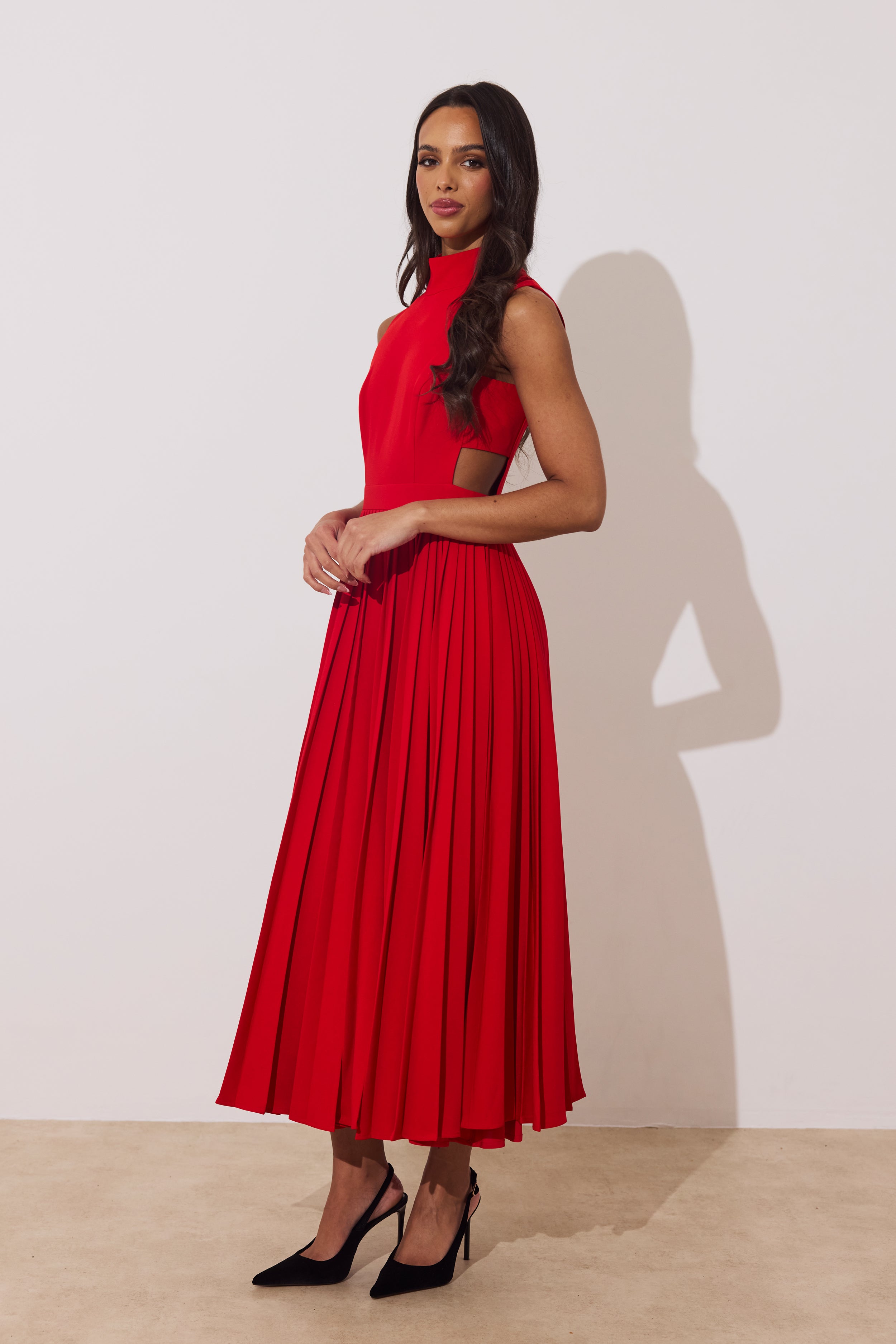 PRISM PLEAT FULL SKIRT MIDI DRESS - RED
