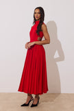 PRISM PLEAT FULL SKIRT MIDI DRESS - RED