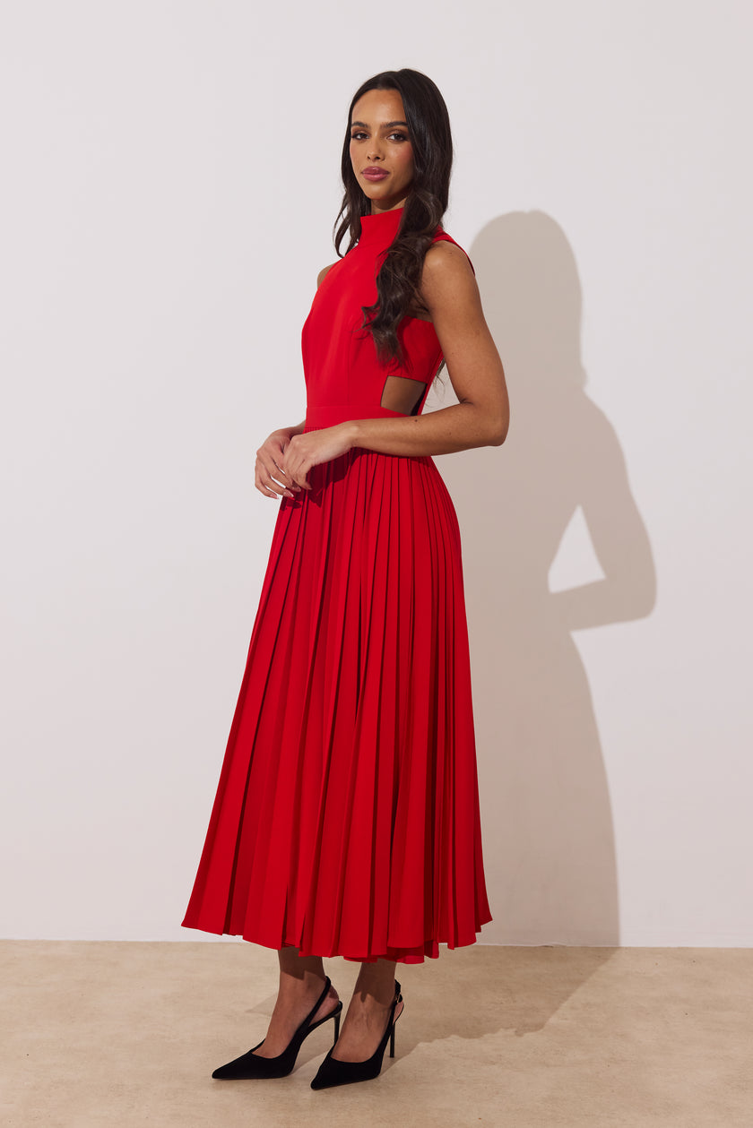 PRISM PLEAT FULL SKIRT MIDI DRESS - RED