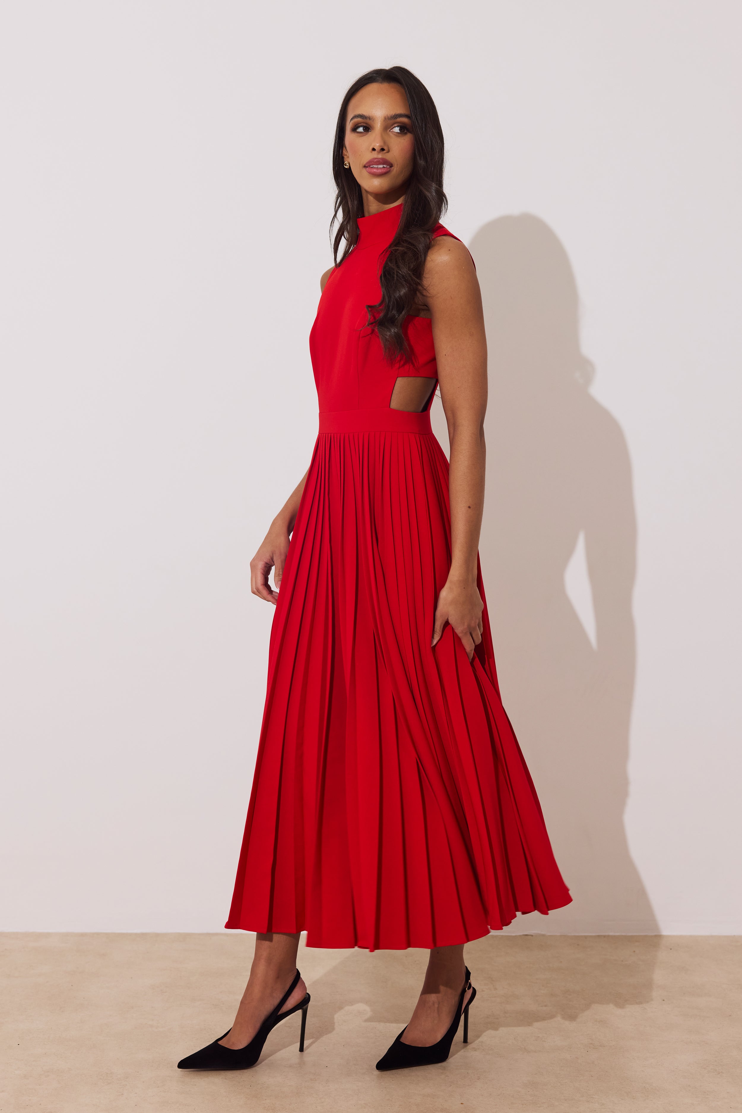 PRISM PLEAT FULL SKIRT MIDI DRESS - RED