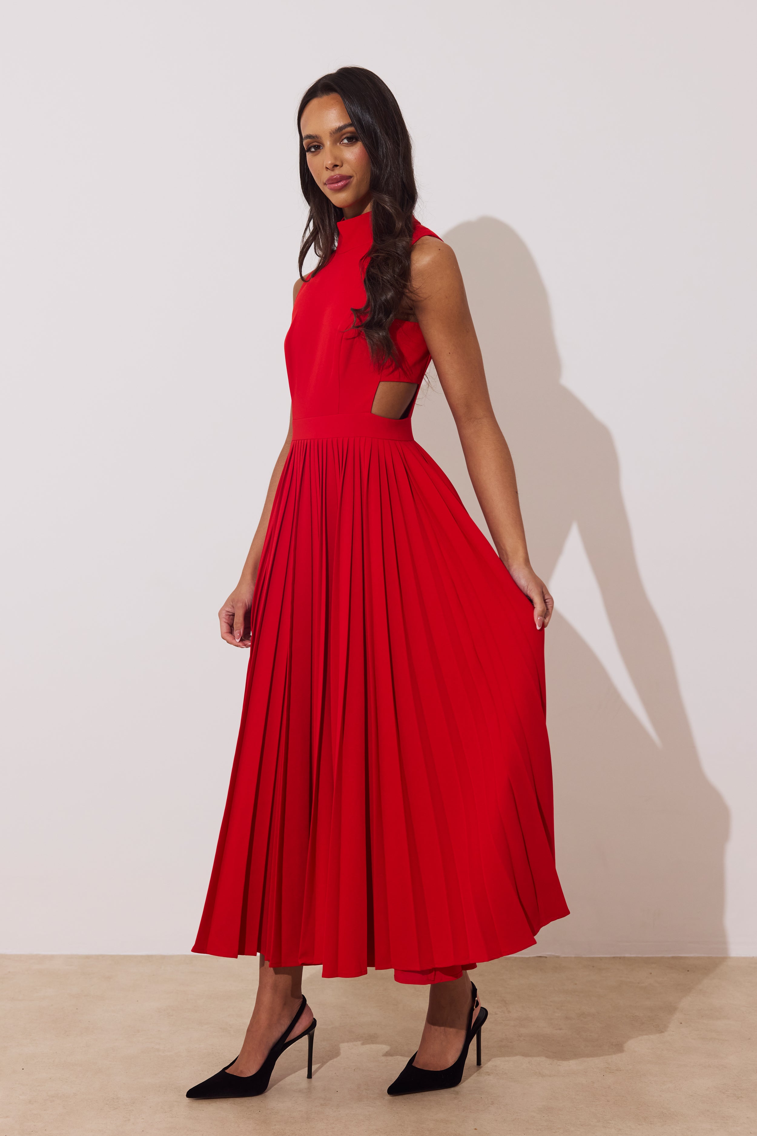PRISM PLEAT FULL SKIRT MIDI DRESS - RED