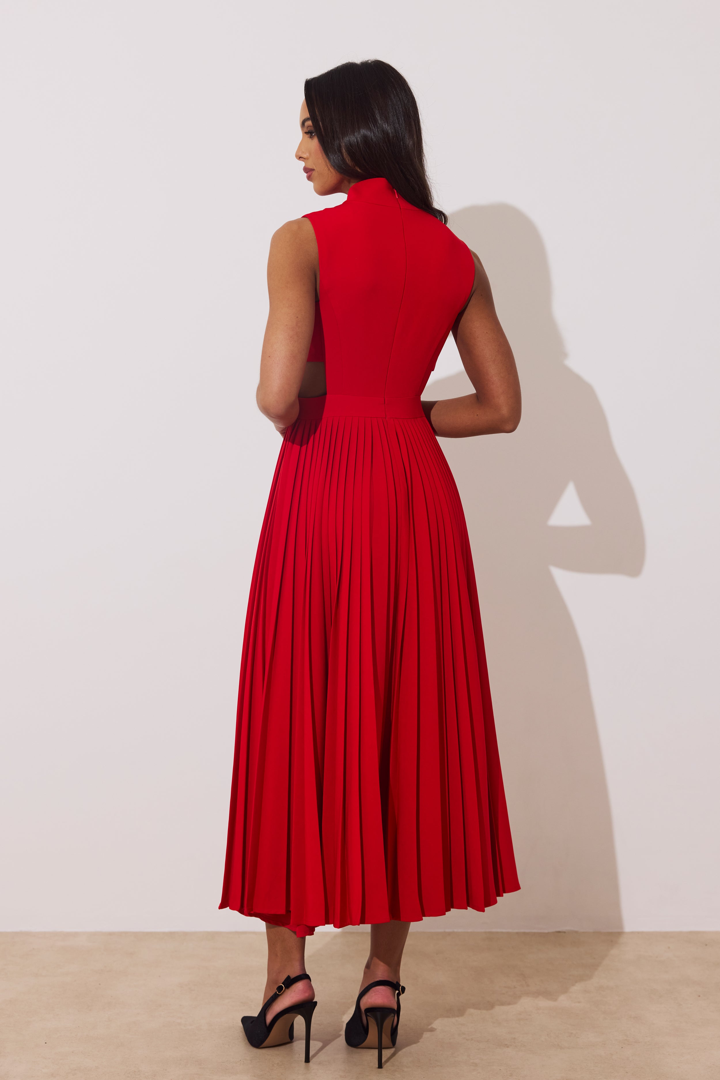 PRISM PLEAT FULL SKIRT MIDI DRESS - RED