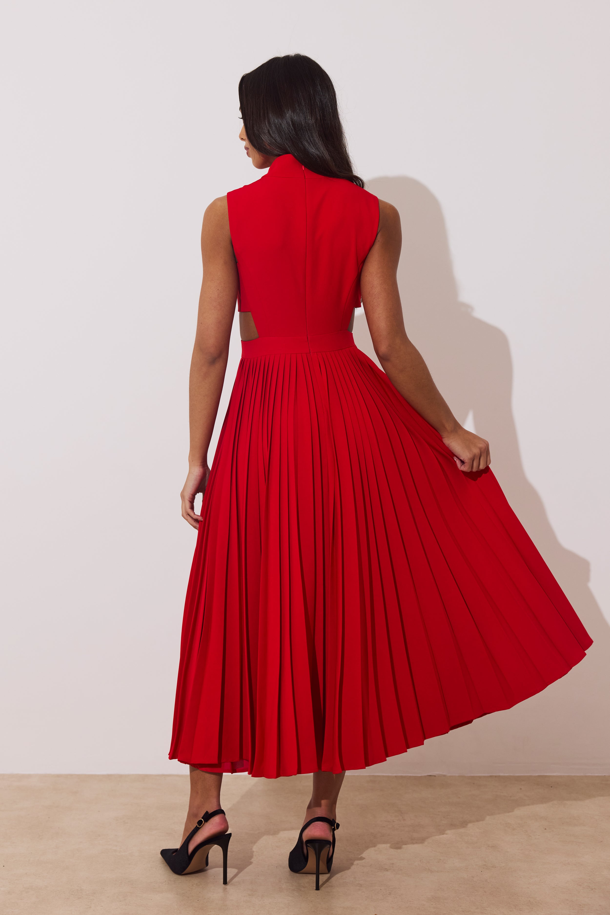PRISM PLEAT FULL SKIRT MIDI DRESS - RED