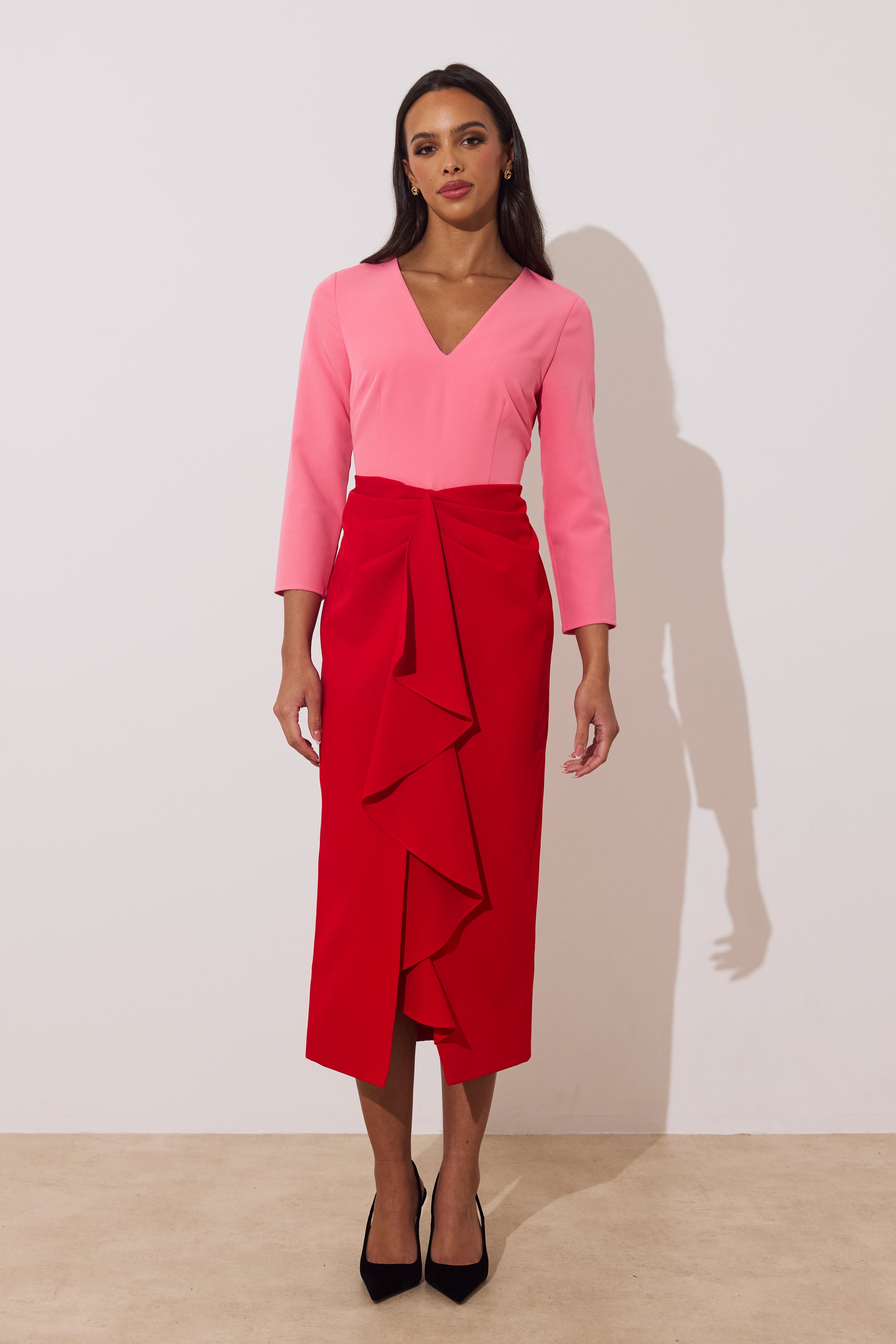 CARMEN COLOURBLOCK FRILL MIDI DRESS - RED PINK
