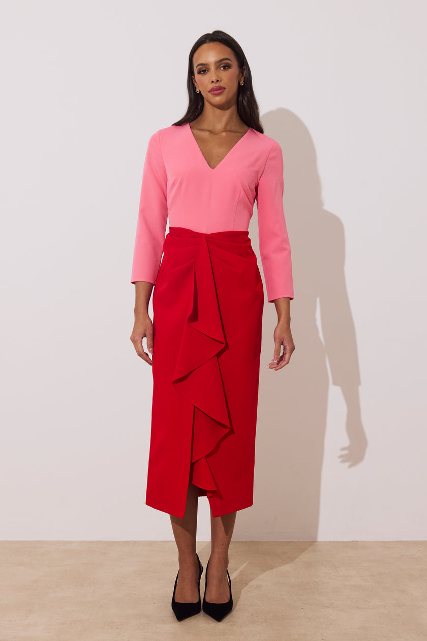 CARMEN COLOURBLOCK FRILL MIDI DRESS - RED PINK