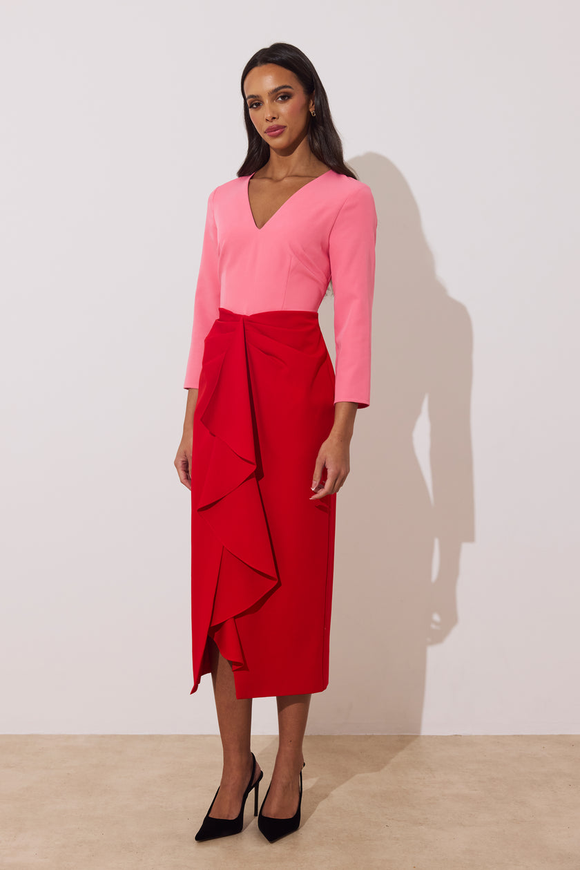 CARMEN COLOURBLOCK FRILL MIDI DRESS - RED PINK