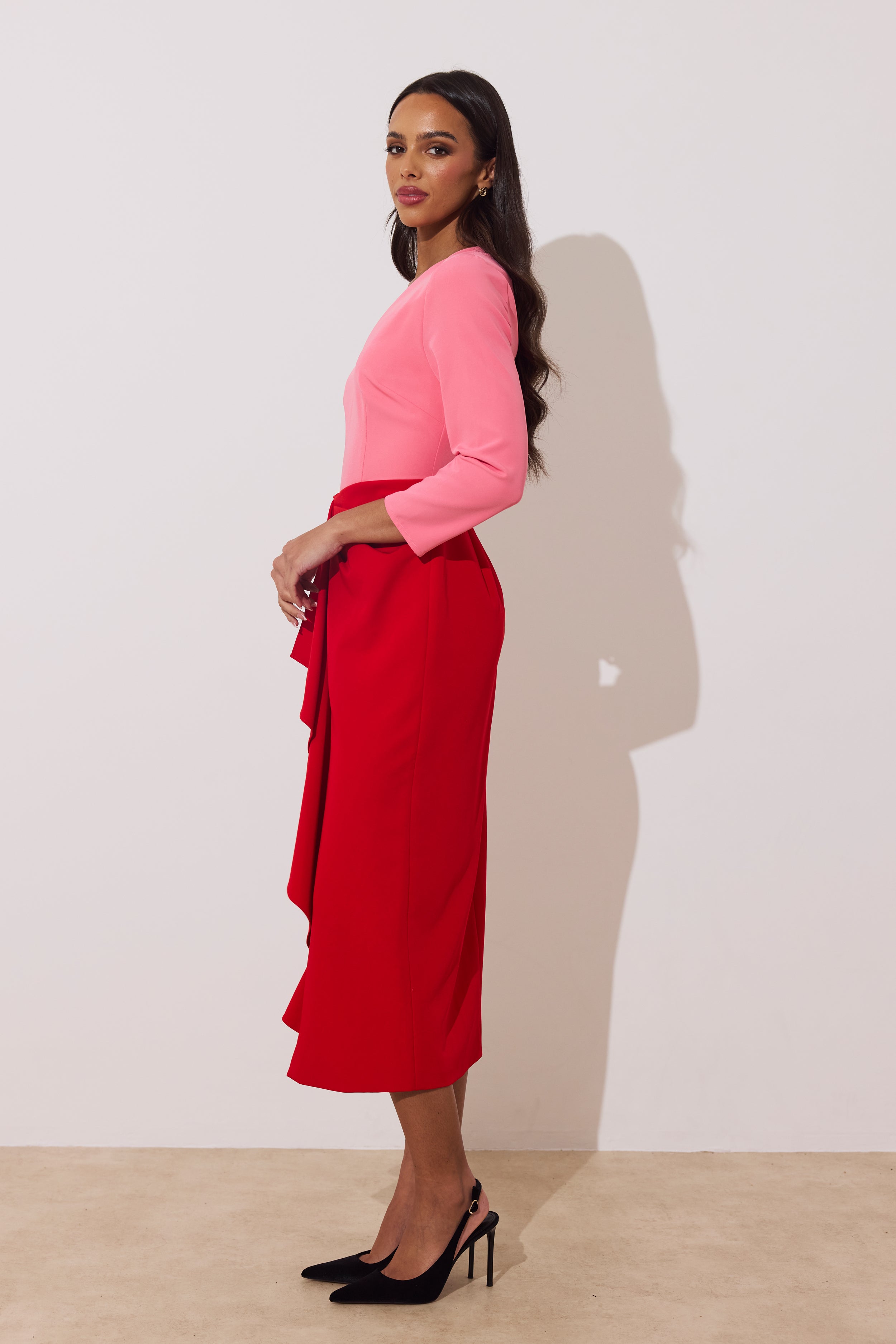CARMEN COLOURBLOCK FRILL MIDI DRESS - RED PINK
