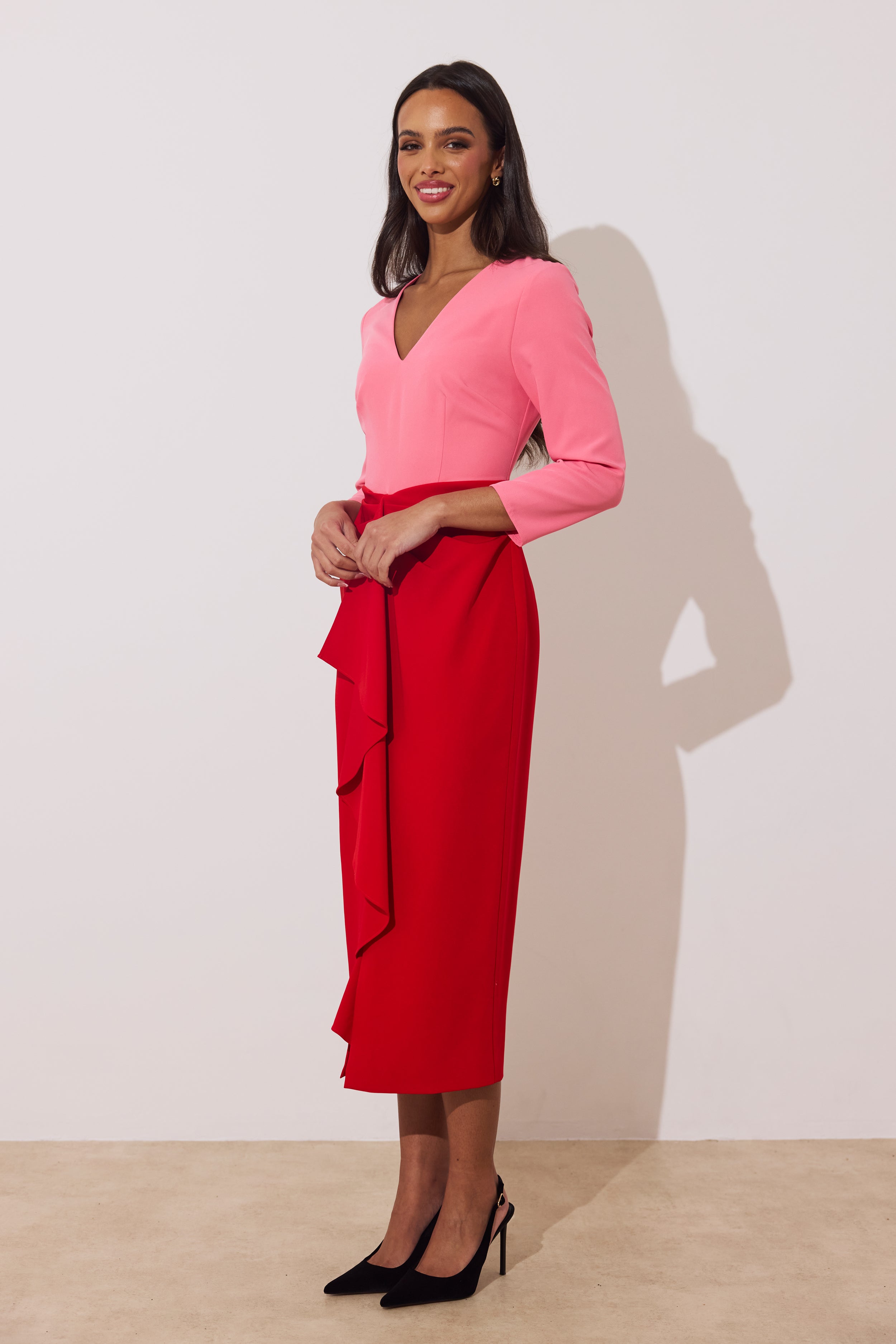 CARMEN COLOURBLOCK FRILL MIDI DRESS - RED PINK