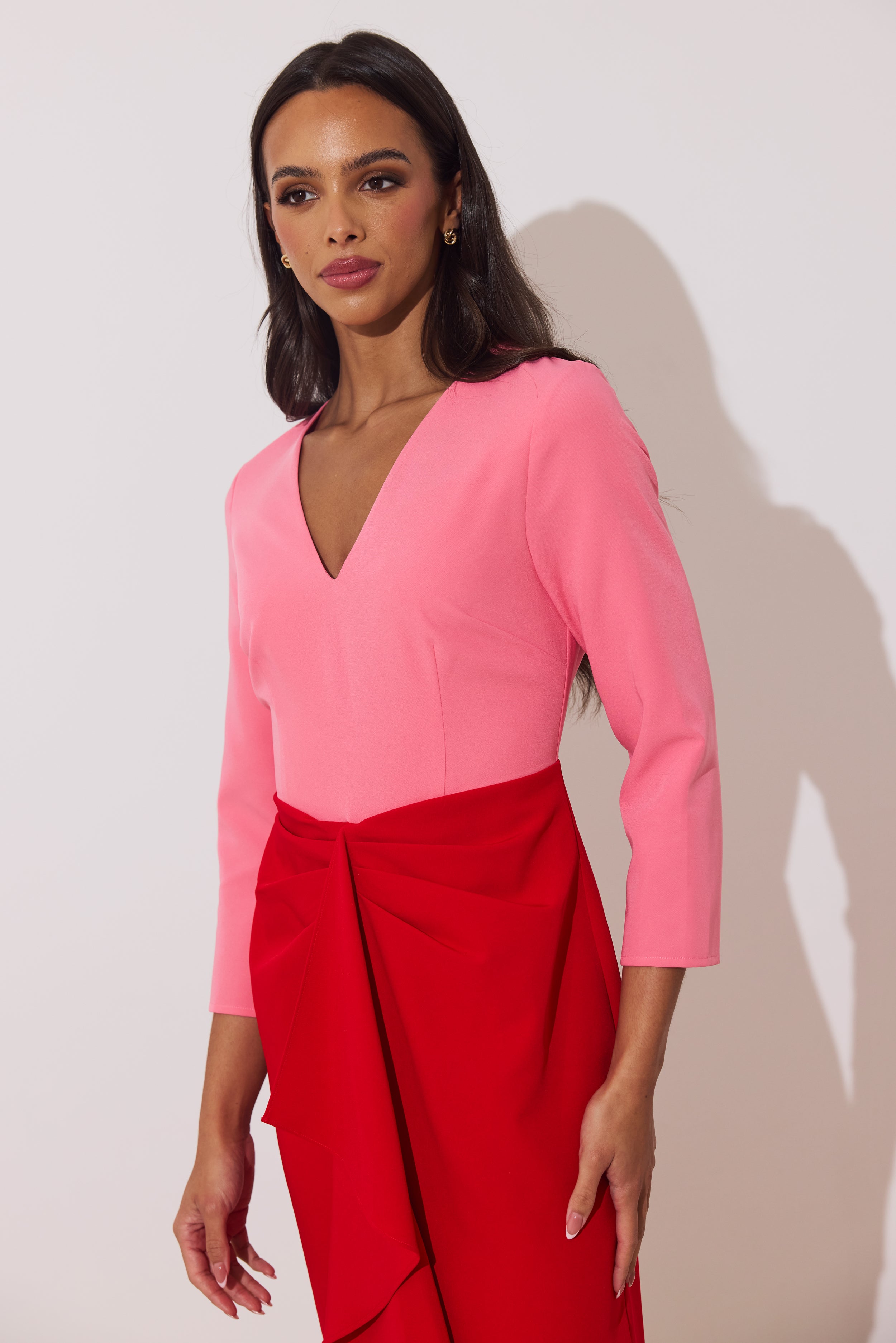 CARMEN COLOURBLOCK FRILL MIDI DRESS - RED PINK
