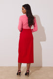CARMEN COLOURBLOCK FRILL MIDI DRESS - RED PINK