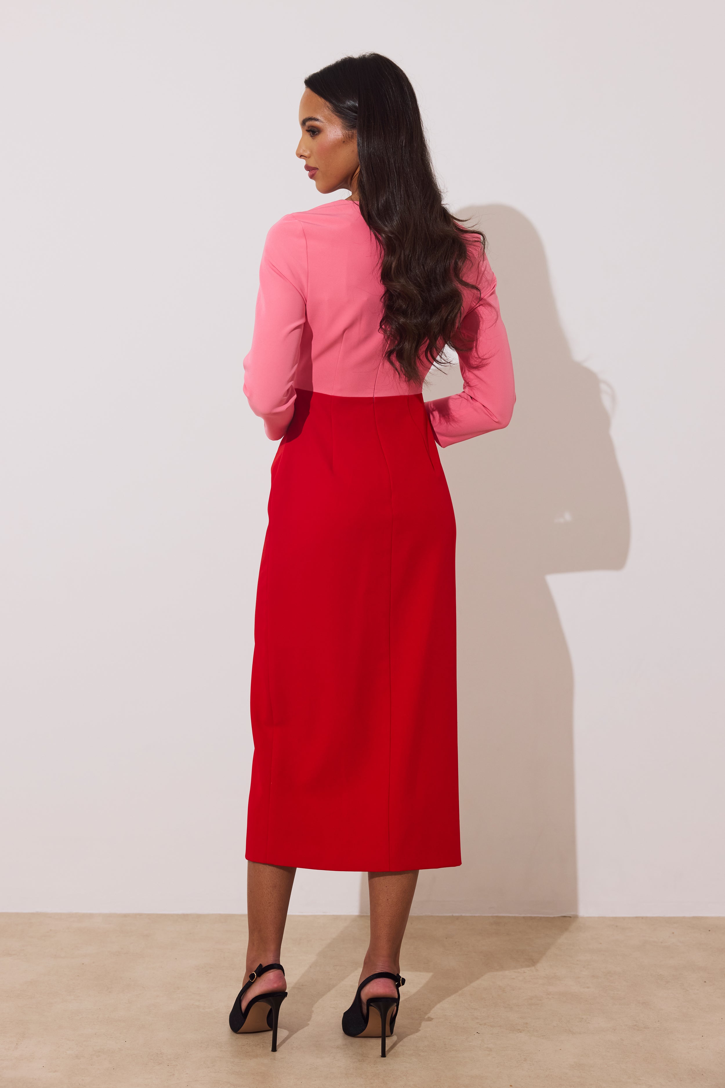 CARMEN COLOURBLOCK FRILL MIDI DRESS - RED PINK
