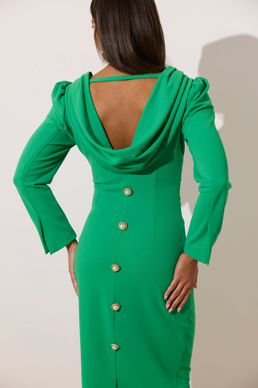 CATALINA COWL BACK PEARL BUTTON DRESS - EMERALD GREEN