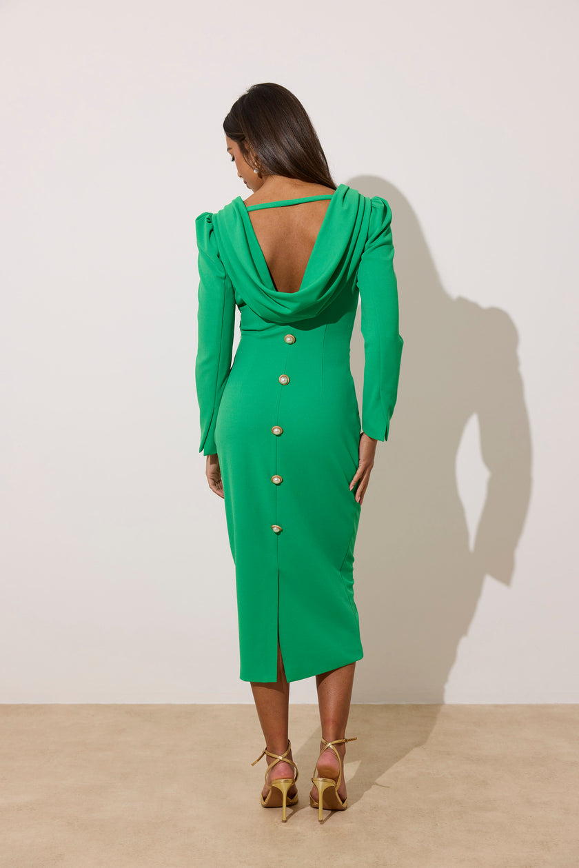 CATALINA COWL BACK PEARL BUTTON DRESS - EMERALD GREEN