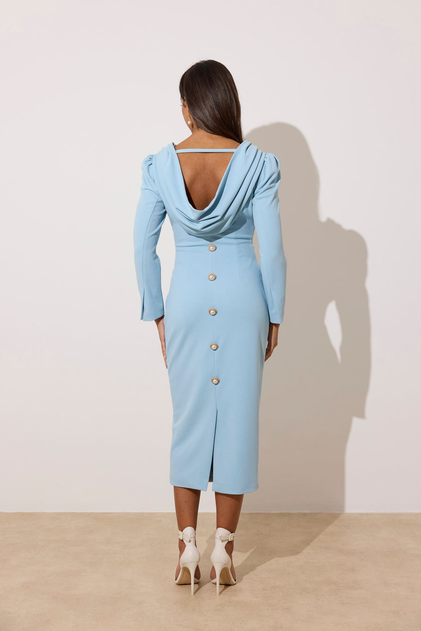 CATALINA COWL BACK PEARL BUTTON DRESS - PALE BLUE