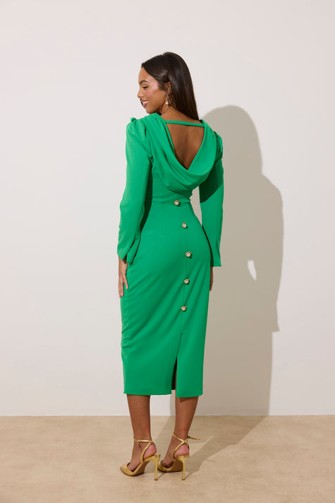 CATALINA COWL BACK PEARL BUTTON DRESS - EMERALD GREEN