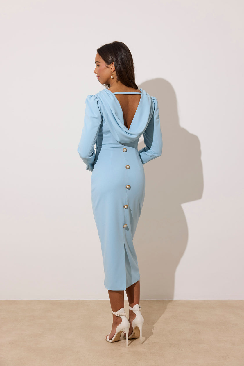 CATALINA COWL BACK PEARL BUTTON DRESS - PALE BLUE