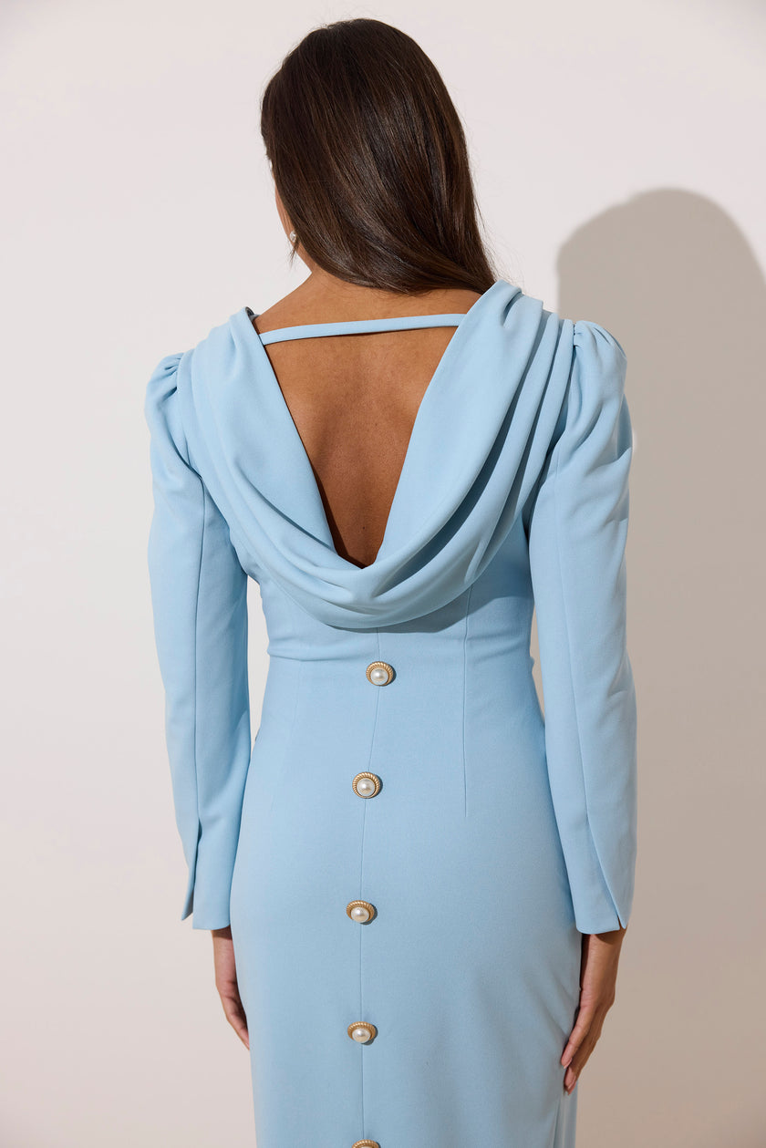 CATALINA COWL BACK PEARL BUTTON DRESS - PALE BLUE
