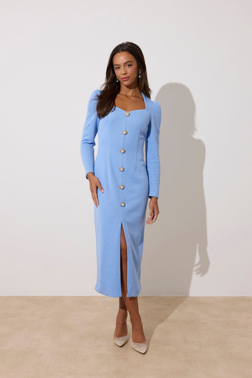 VIOLA KNITTED PEARL BUTTON MIDI - CORNFLOWER BLUE