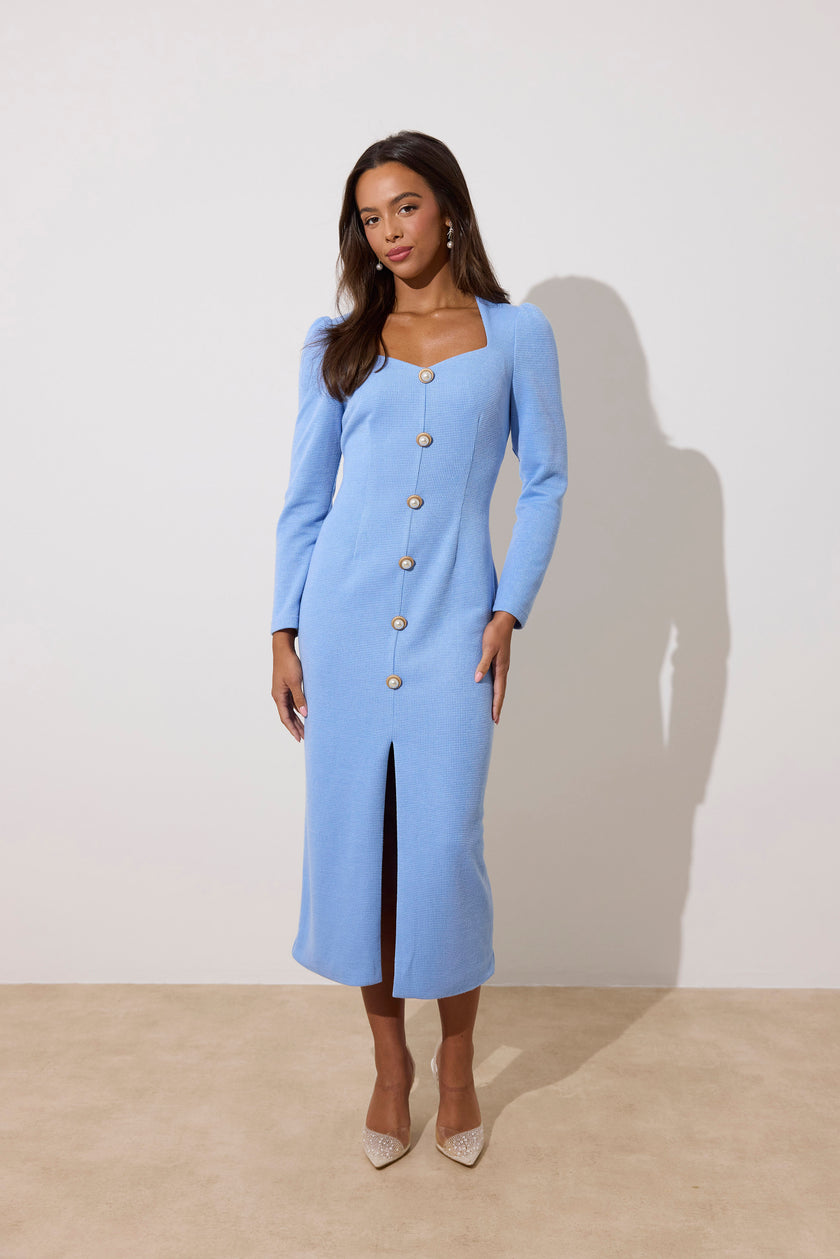 VIOLA KNITTED PEARL BUTTON MIDI - CORNFLOWER BLUE