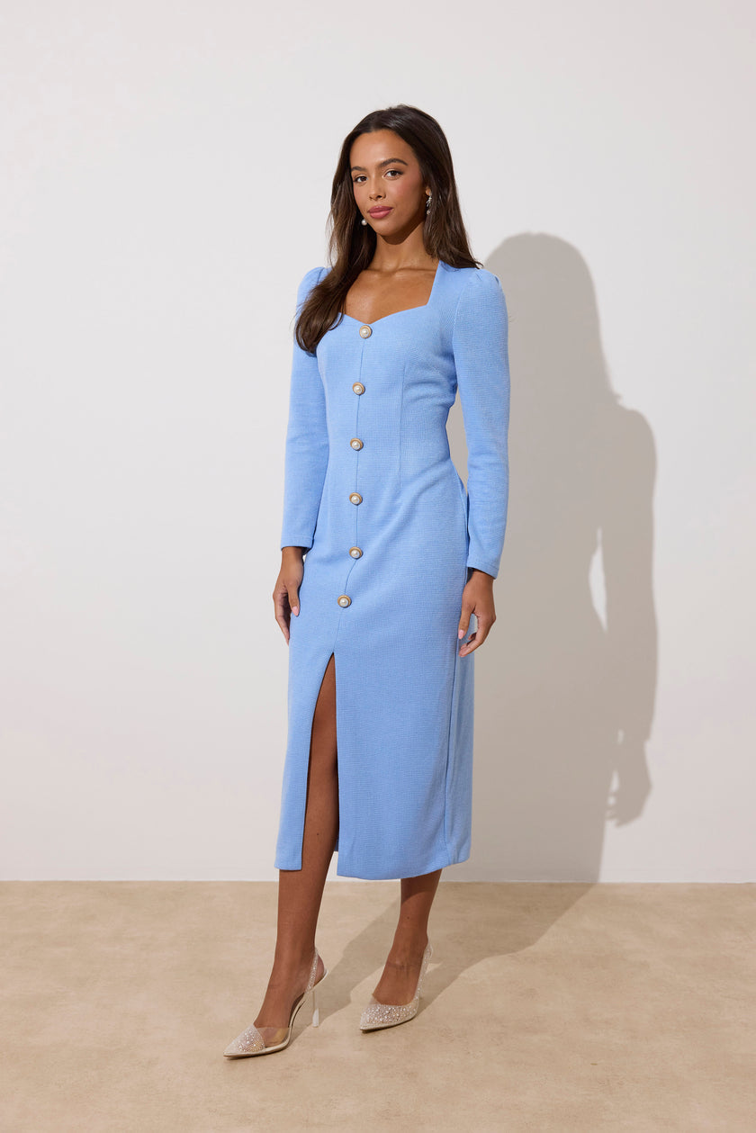 VIOLA KNITTED PEARL BUTTON MIDI - CORNFLOWER BLUE