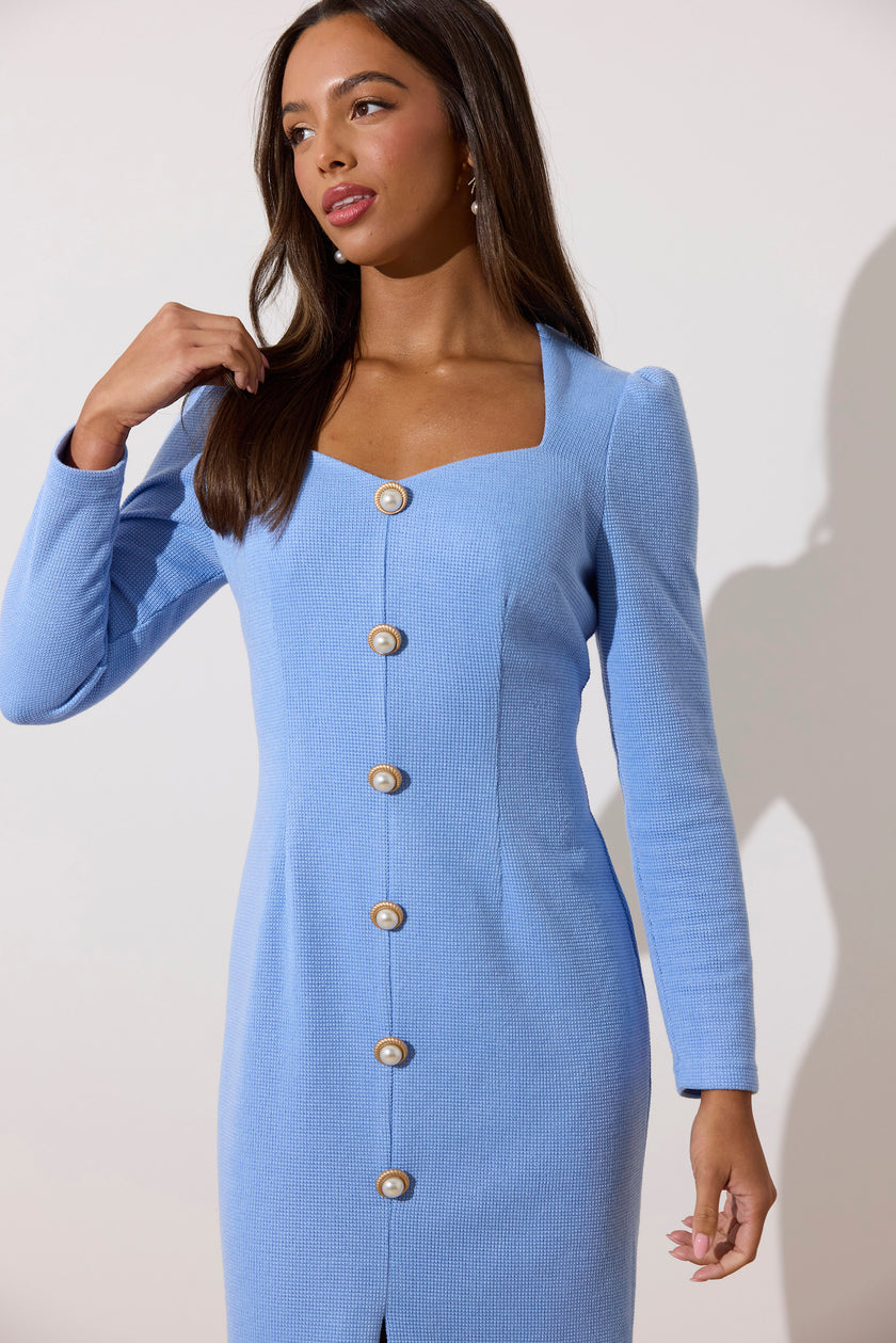 VIOLA KNITTED PEARL BUTTON MIDI - CORNFLOWER BLUE