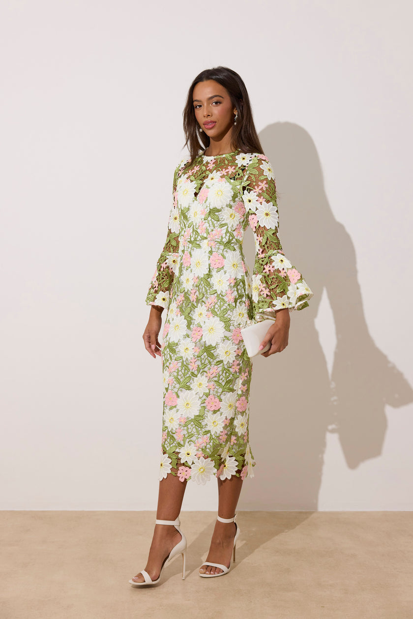 ROSALINE LACE FLUTED SLEEVE MIDI DRESS - PINK