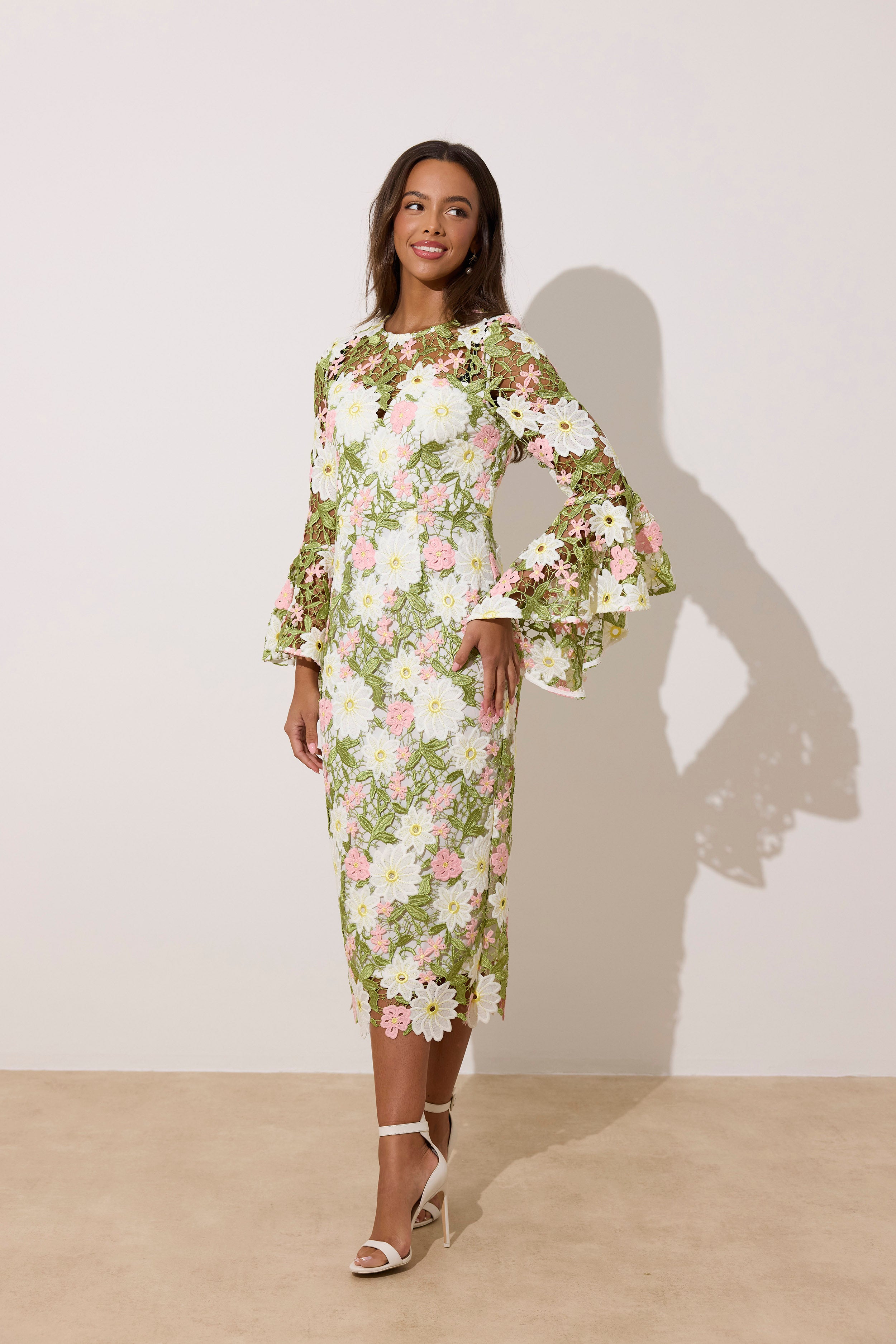 ROSALINE LACE FLUTED SLEEVE MIDI DRESS - PINK