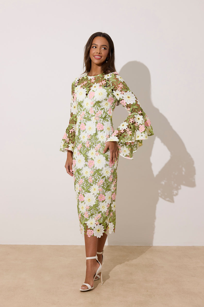 ROSALINE LACE FLUTED SLEEVE MIDI DRESS - PINK