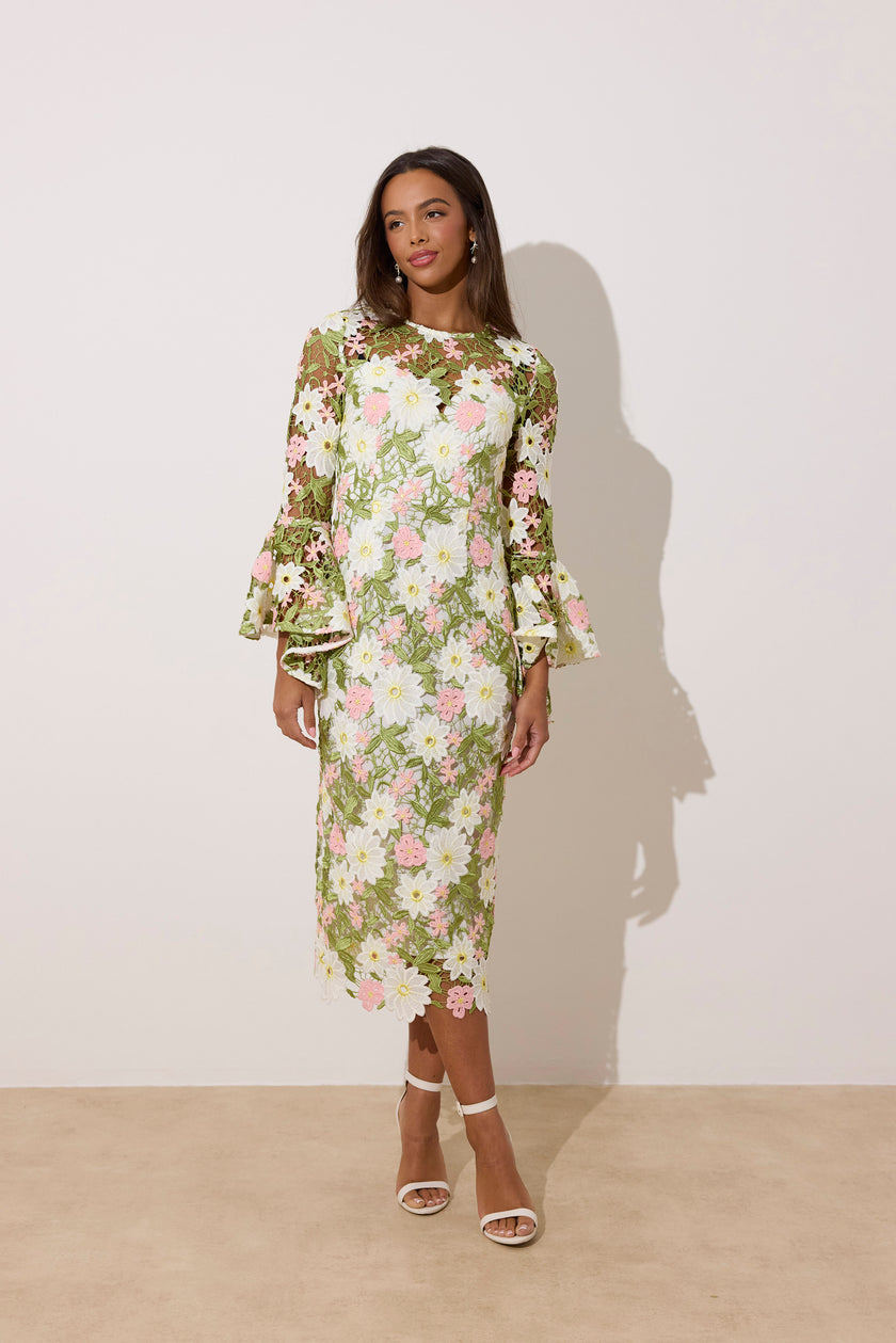 ROSALINE LACE FLUTED SLEEVE MIDI DRESS - PINK