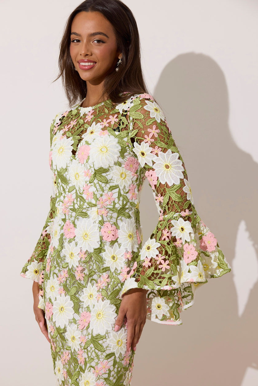 ROSALINE LACE FLUTED SLEEVE MIDI DRESS - PINK