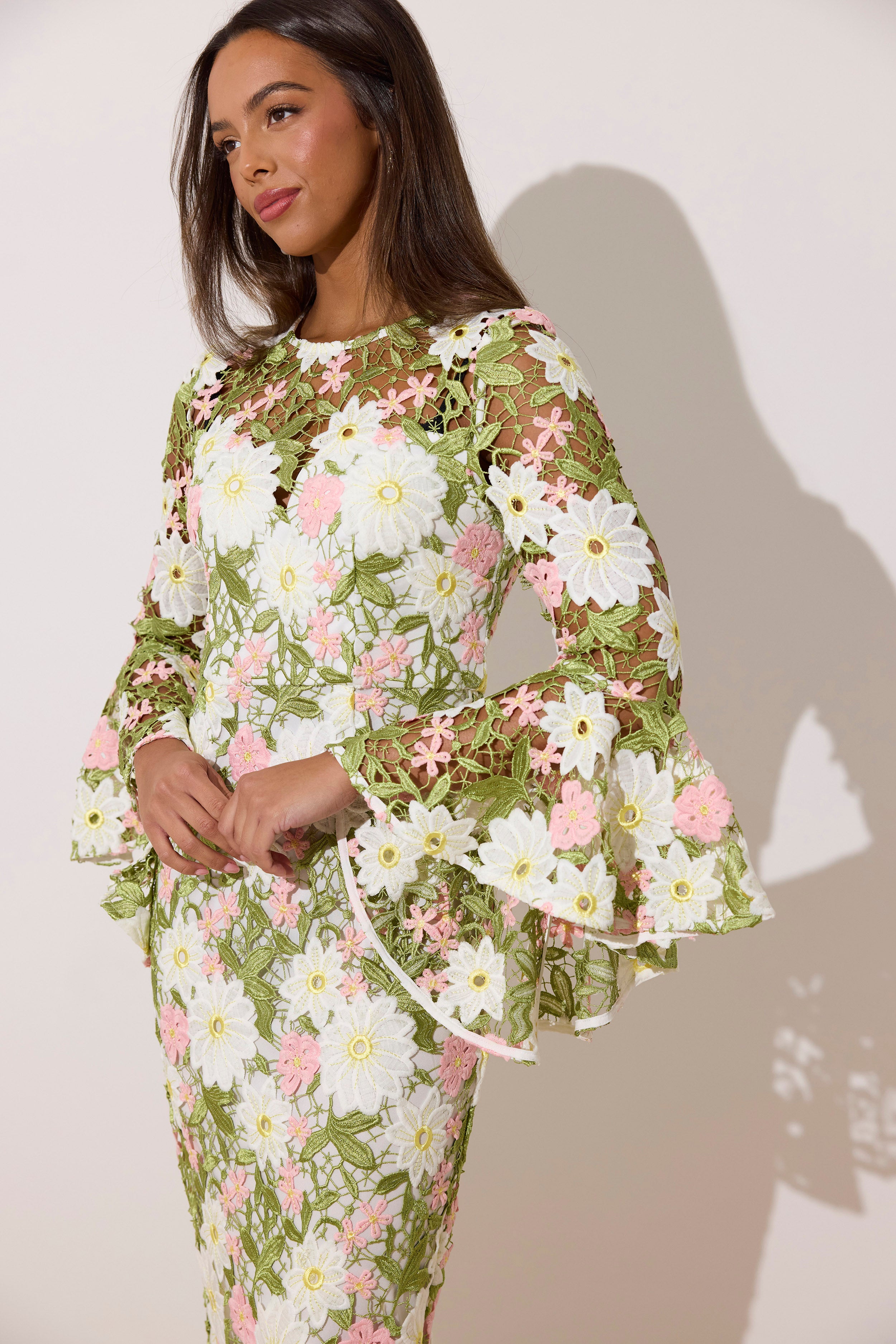 ROSALINE LACE FLUTED SLEEVE MIDI DRESS - PINK