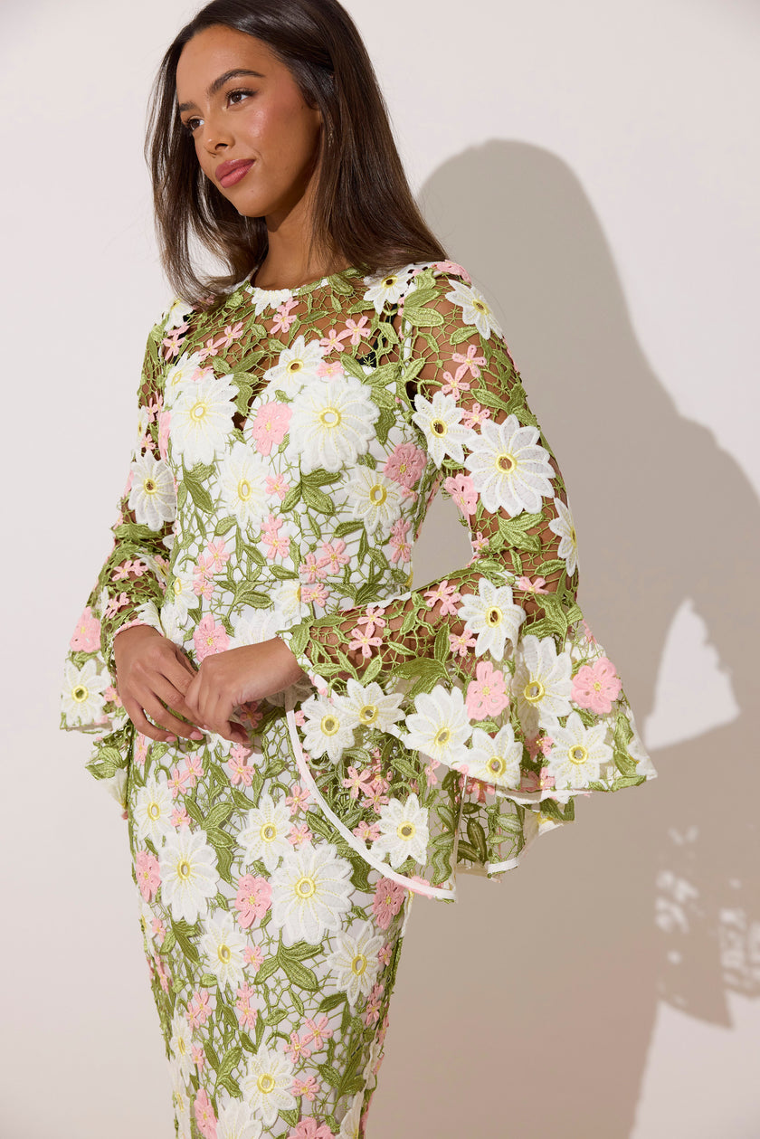 ROSALINE LACE FLUTED SLEEVE MIDI DRESS - PINK