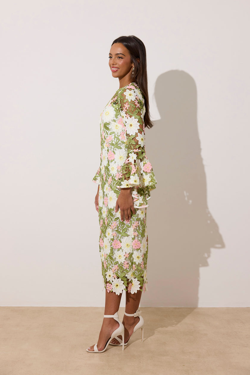 ROSALINE LACE FLUTED SLEEVE MIDI DRESS - PINK