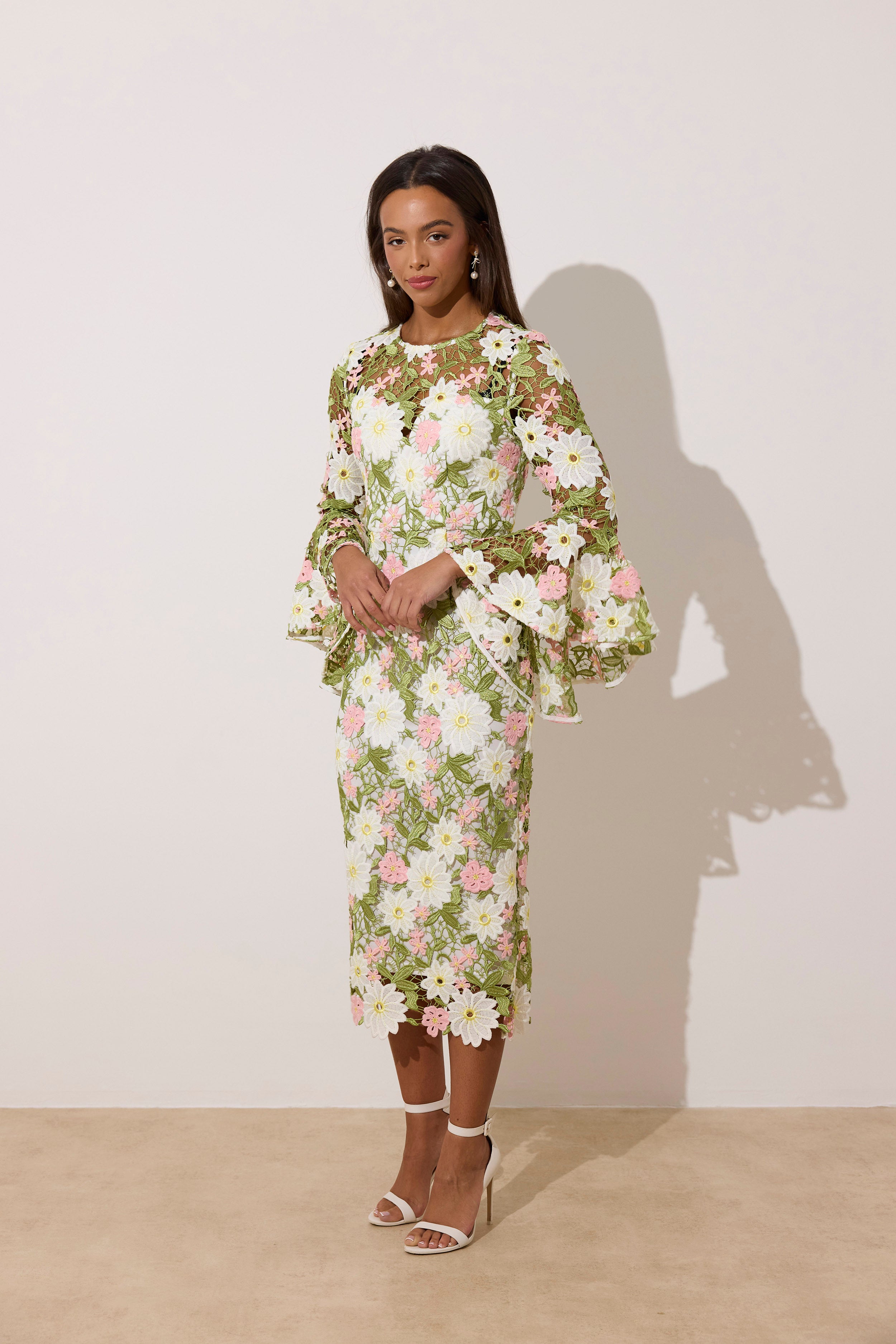 ROSALINE LACE FLUTED SLEEVE MIDI DRESS - PINK