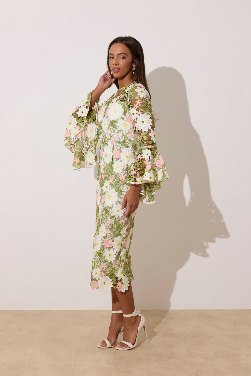 ROSALINE LACE FLUTED SLEEVE MIDI DRESS - PINK