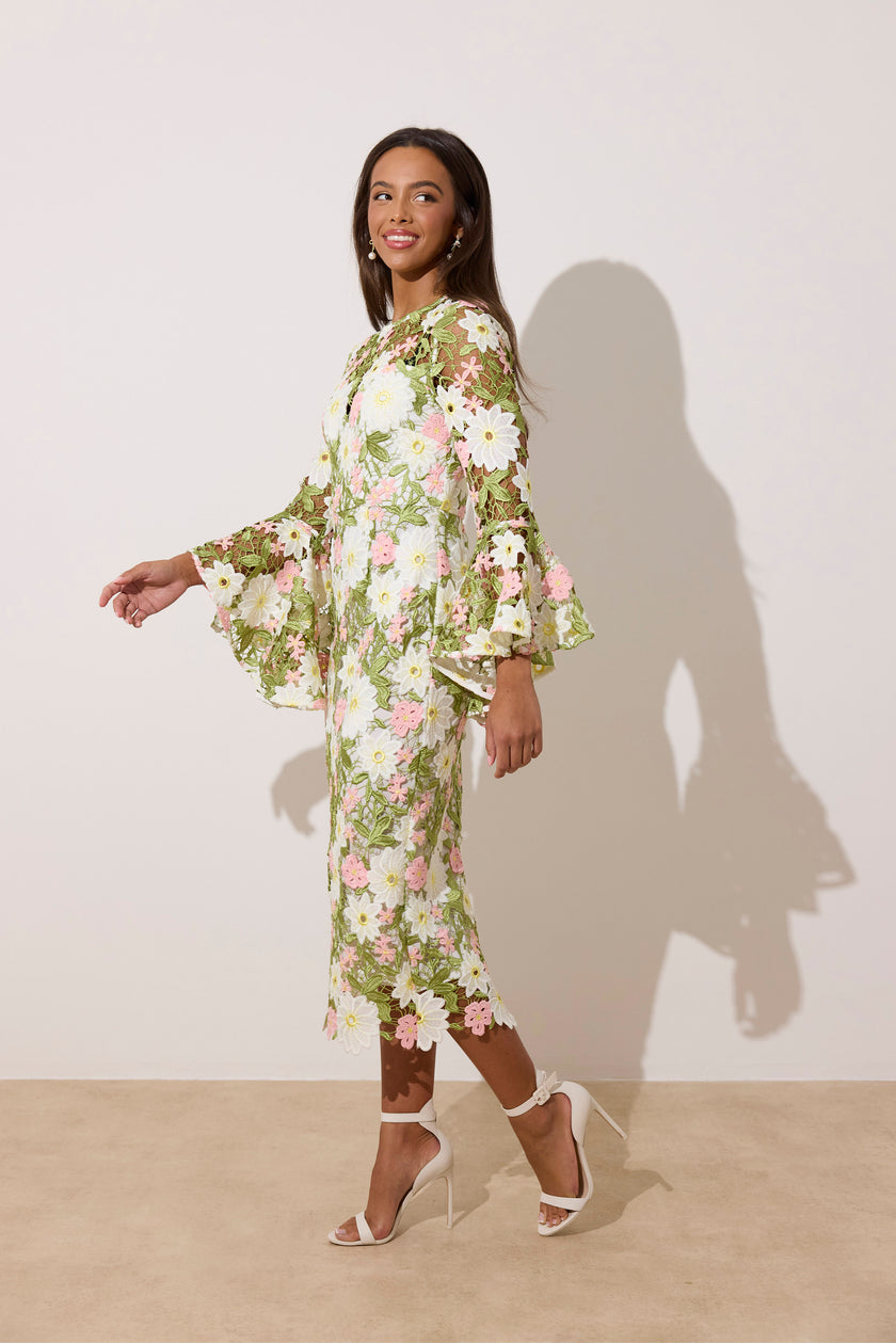 ROSALINE LACE FLUTED SLEEVE MIDI DRESS - PINK