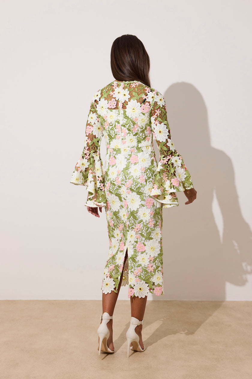 ROSALINE LACE FLUTED SLEEVE MIDI DRESS - PINK