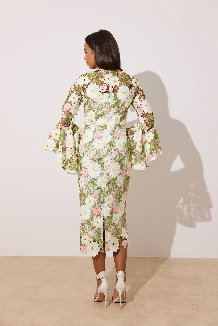 ROSALINE LACE FLUTED SLEEVE MIDI DRESS - PINK