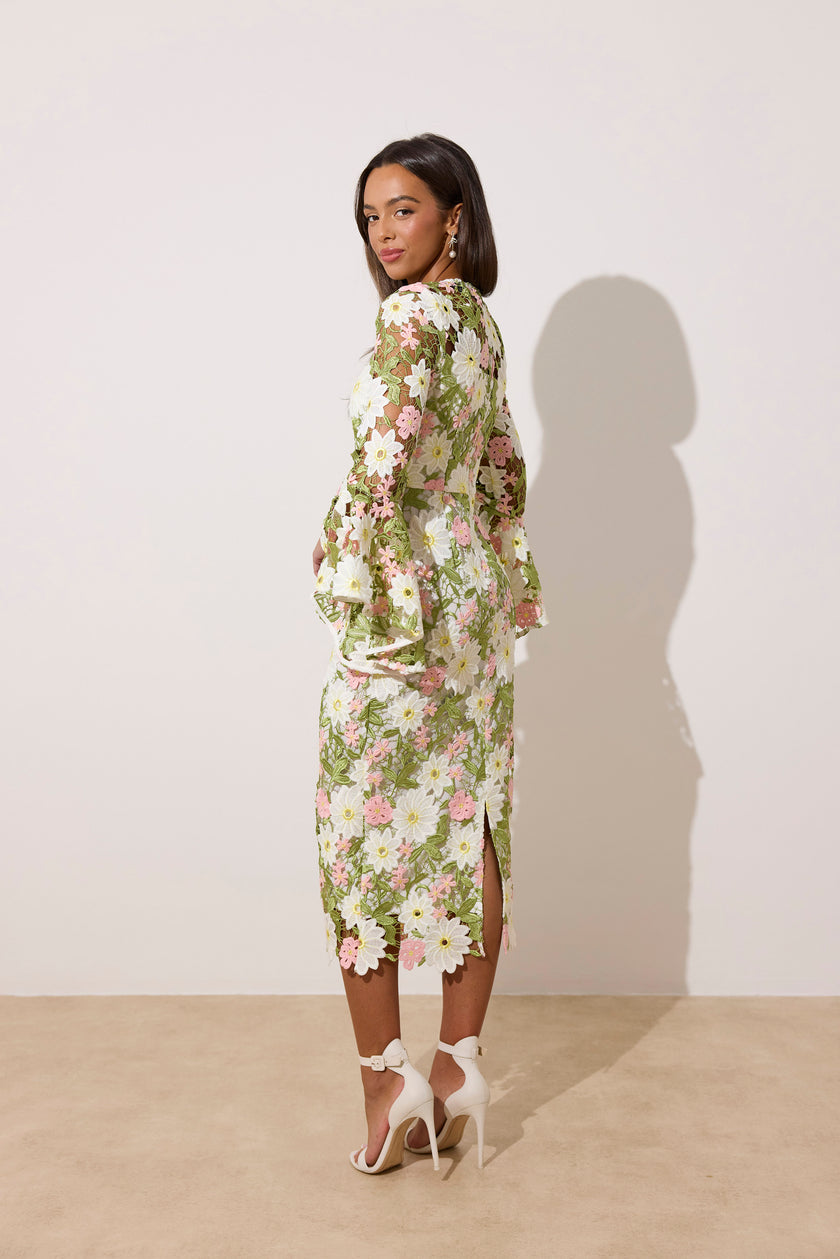 ROSALINE LACE FLUTED SLEEVE MIDI DRESS - PINK