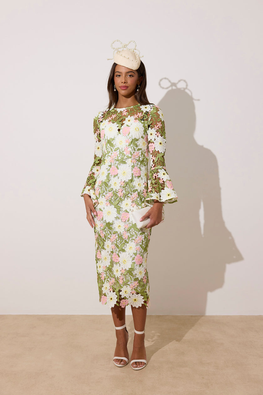 ROSALINE LACE FLUTED SLEEVE MIDI DRESS - PINK