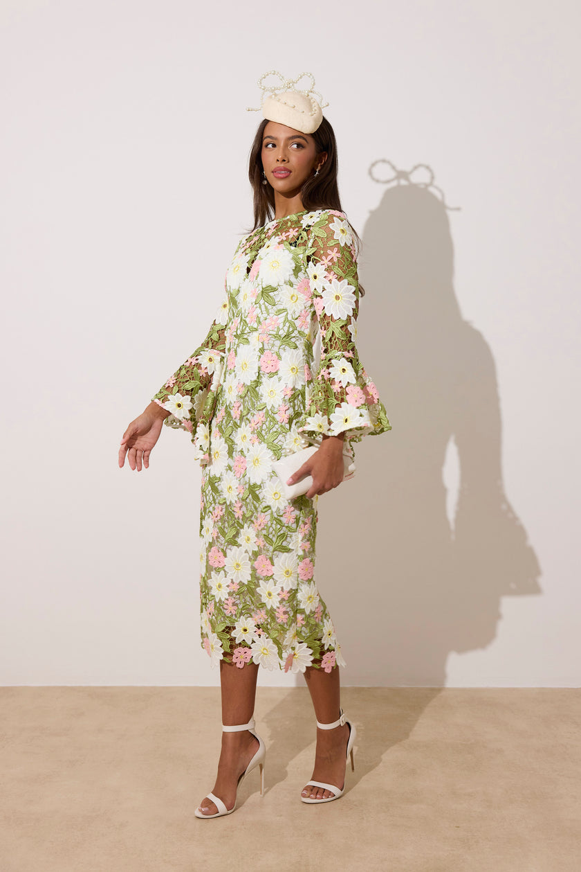 ROSALINE LACE FLUTED SLEEVE MIDI DRESS - PINK