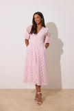 **PRE ORDER** CALLIE LACE PUFF SLEEVE MIDI DRESS WTH BOW BACK - PALE PINK